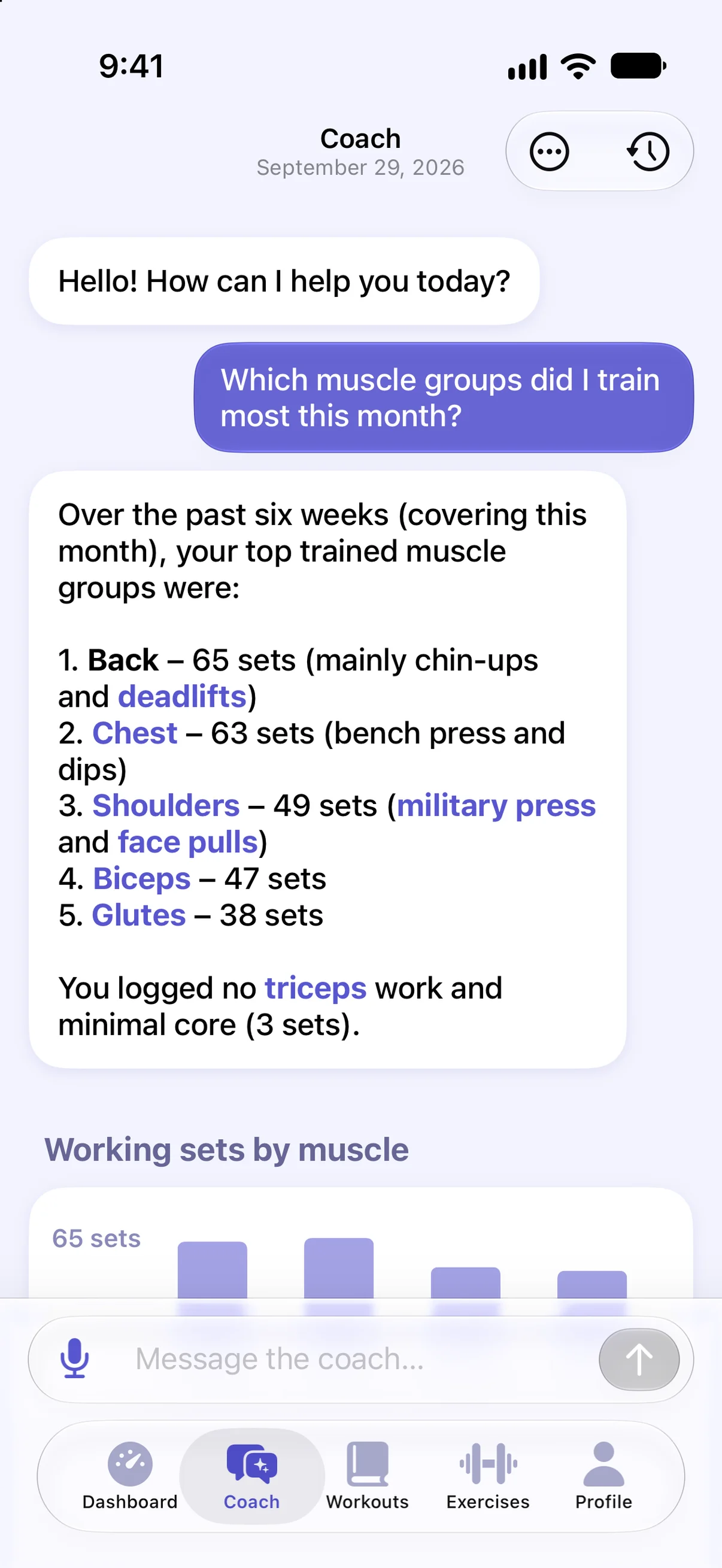 Liftr Coach answering which muscle groups were trained most this month, listing back, chest, shoulders, biceps and glutes, above a chart of working sets by muscle