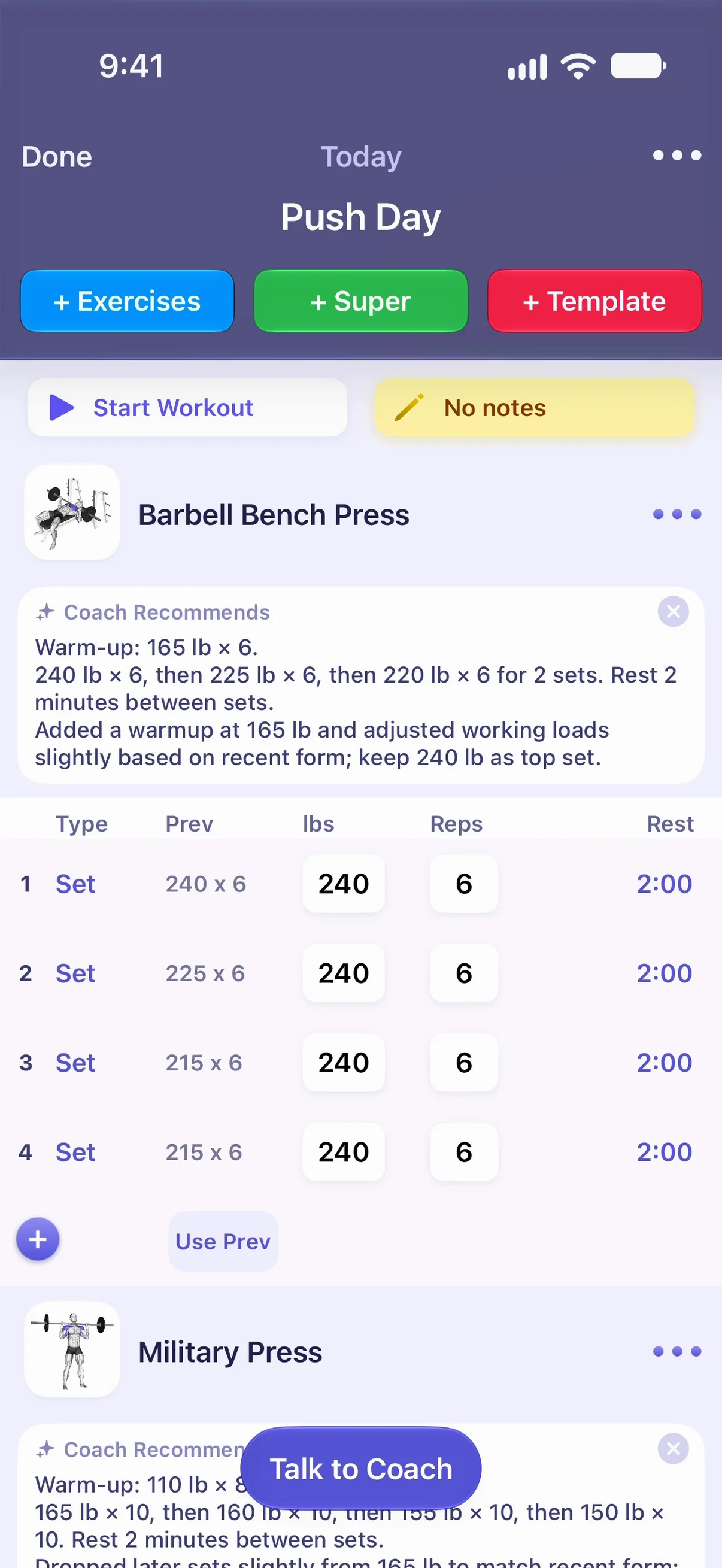A Push Day workout in Liftr with a Coach Recommends note for Barbell Bench Press: a warm-up at 165 lb, then working sets, above the sets with previous weights and reps, and a Talk to Coach button