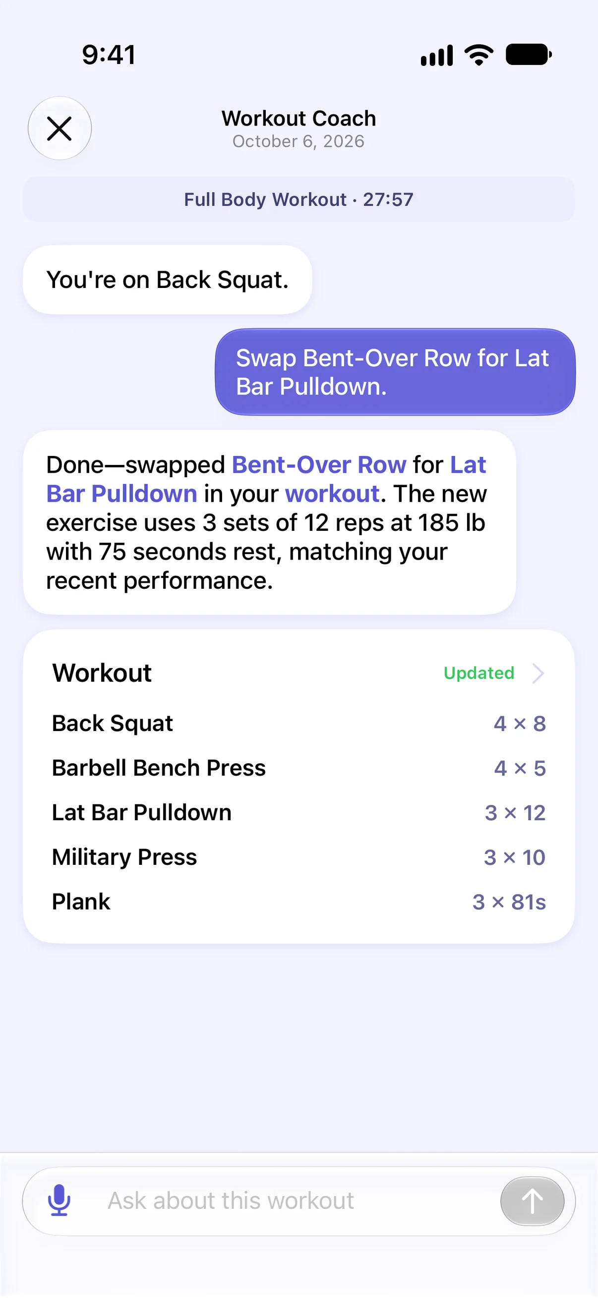 Talking to Liftr Coach during a workout: asked to swap Bent-Over Row for Lat Bar Pulldown, Coach makes the swap at 3 sets of 12 reps at 185 lb and shows the updated workout