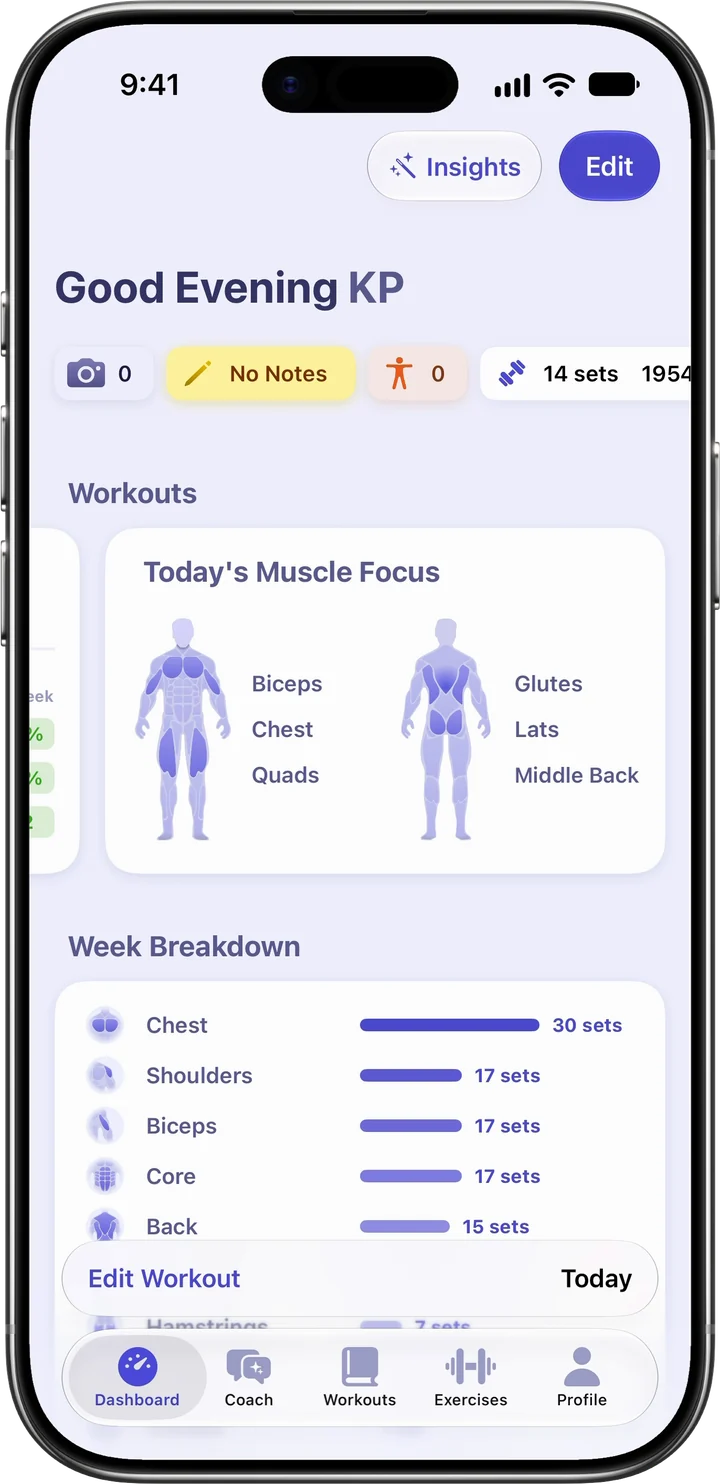The Liftr dashboard: today’s muscle focus on biceps, chest, quads, glutes, lats and middle back, above the week’s sets by muscle group