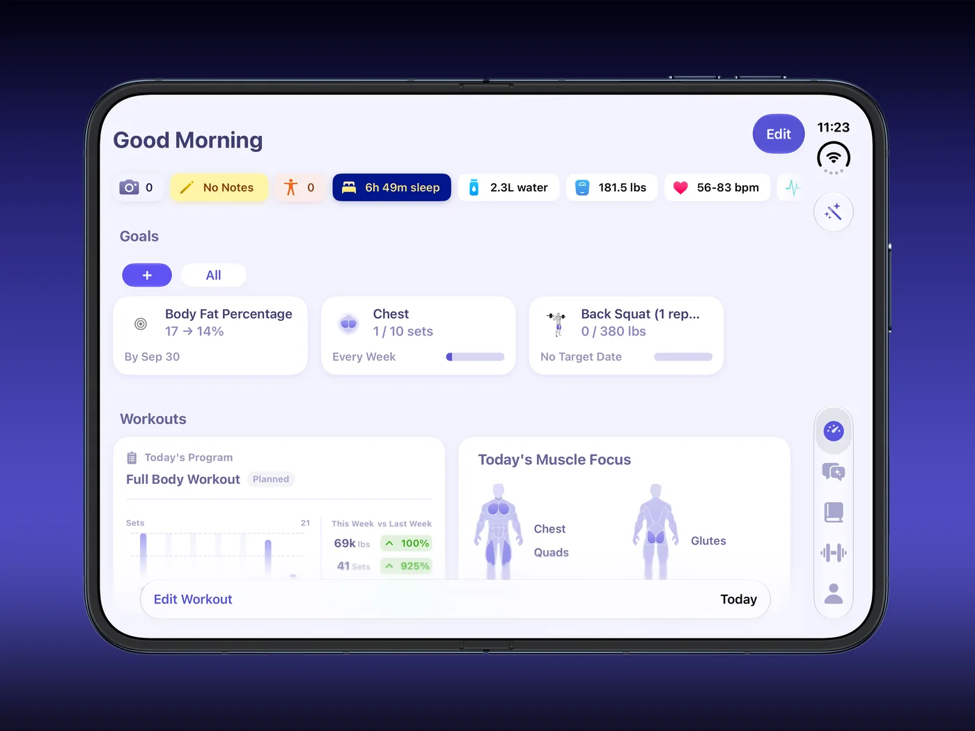 Liftr's dashboard on the inner screen of iPhone Duo, unfolded, in the Night Sky finish