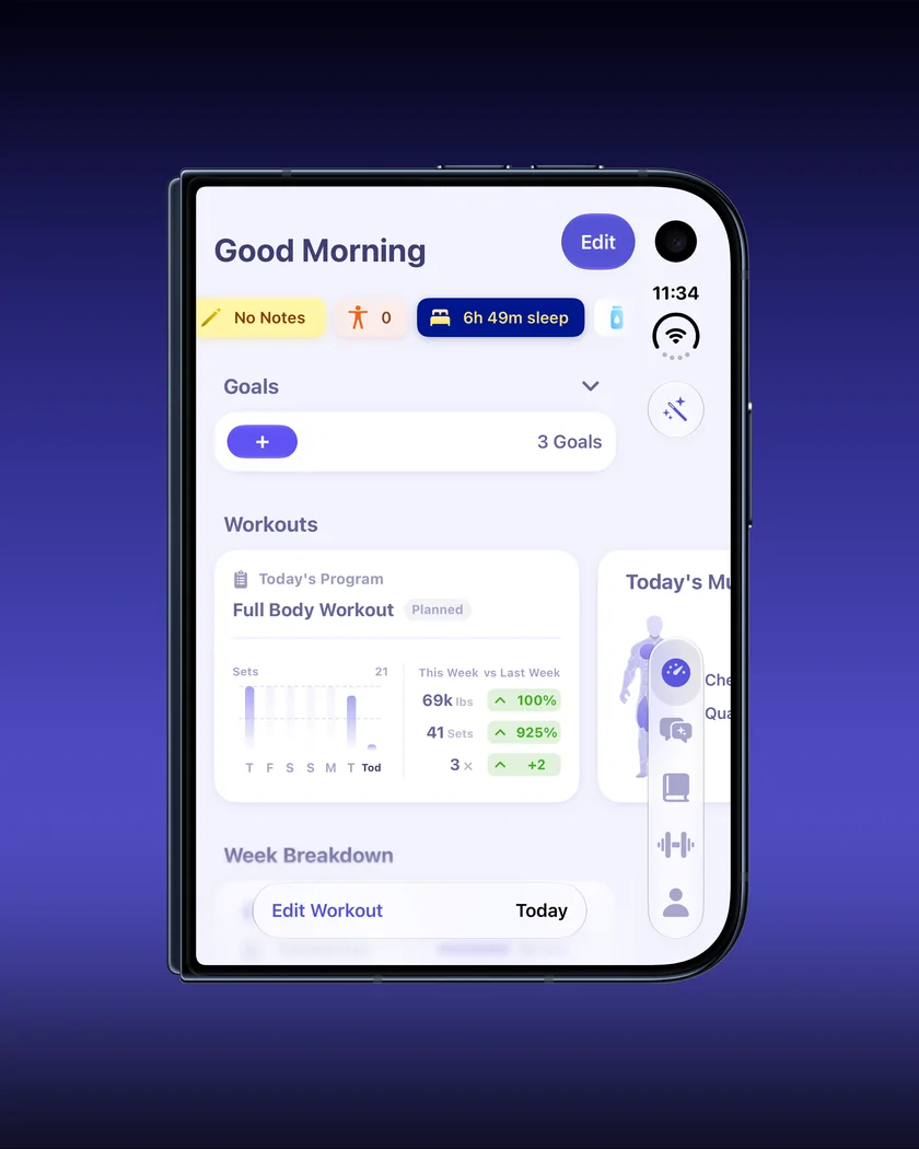 Liftr's dashboard on the outer screen of iPhone Duo, folded, in the Night Sky finish