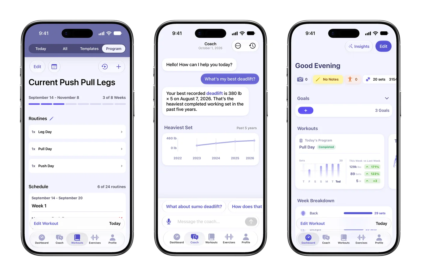 Three iPhones showing a Liftr program, Coach and the dashboard